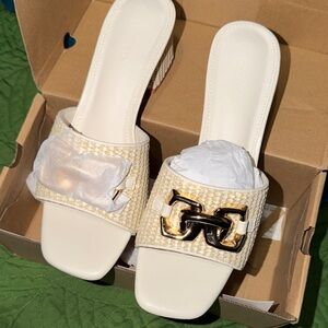 Elegant Cream woven Women's Slide Sandal square heel